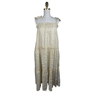 &merci Gingham Tiered Maxi Dress Women M Tan Tie Shoulder Cottagecore Picnic